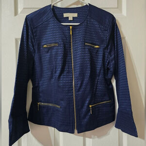 Laura Ashley Zip Close Collarless Geometric Blazer, Navy Blue, Tailored Fit, EUC